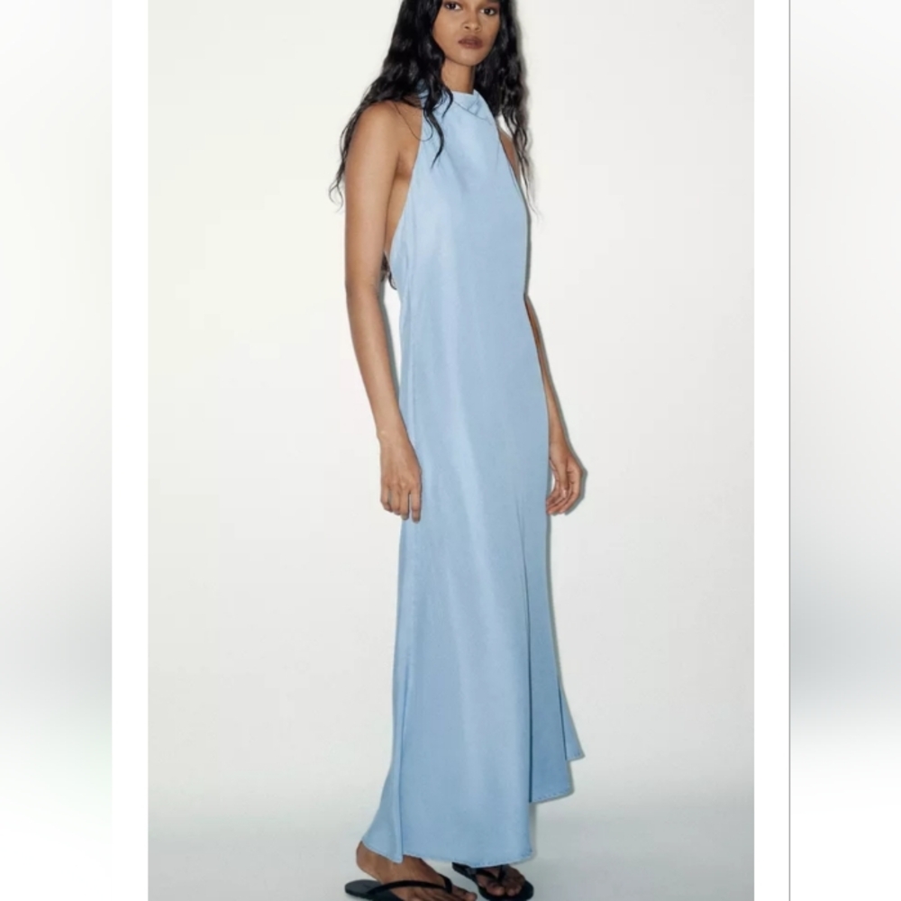 Zara Flowy Sleeveless Open Back Light Blue Maxi Dress Sz-XL